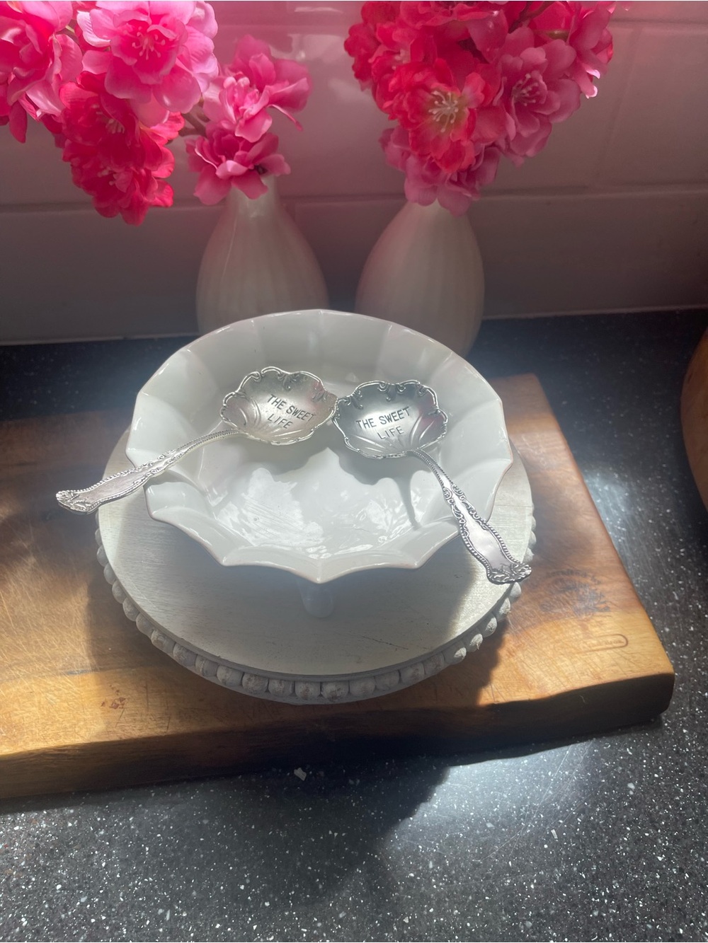 Mud Pie White Scalloped Ceramic Serving Bowl with Decorative Spoons
